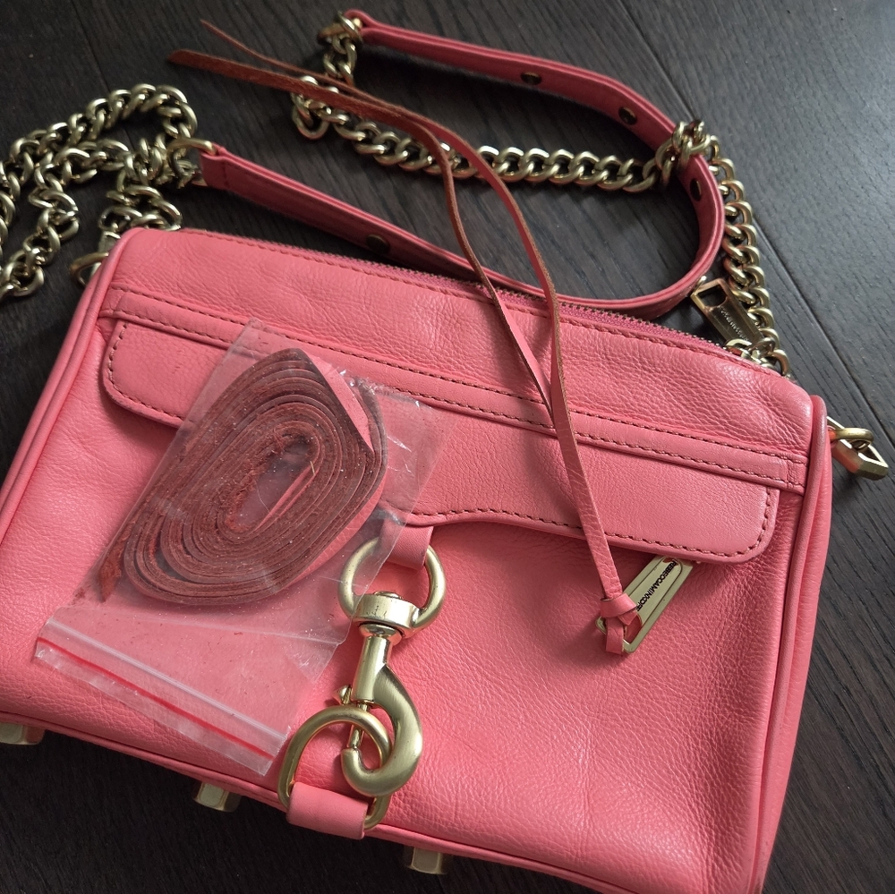 Rebecca Minkoff Coral Pink Leather Crossbody Bag Gold Chain - Picture 7 of 16